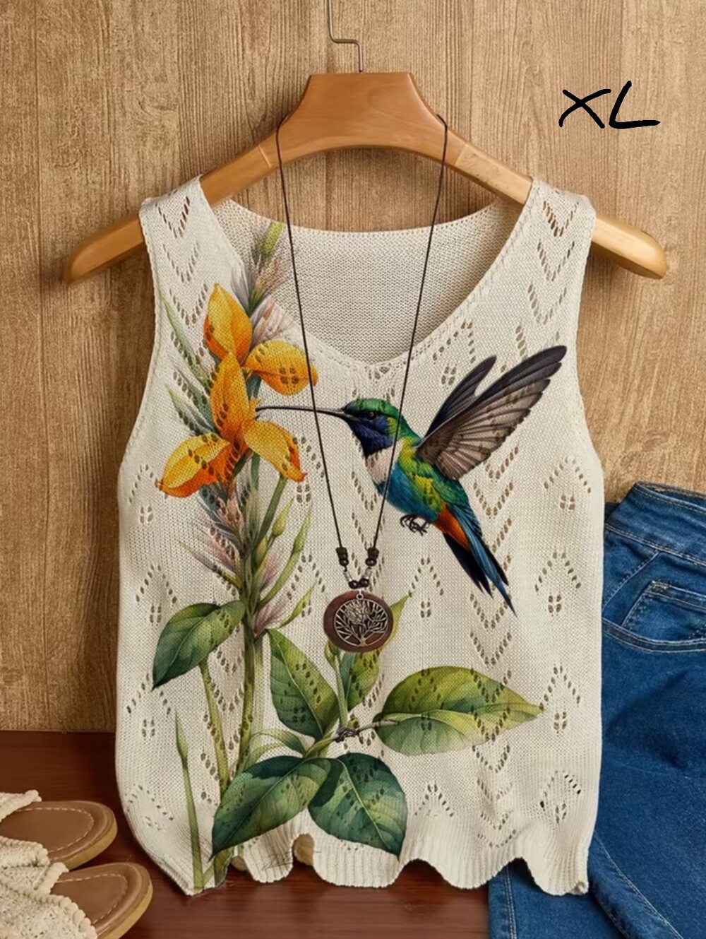 Artist designed Hummingbird V-neck sweater vest, XL. FREE earrings!